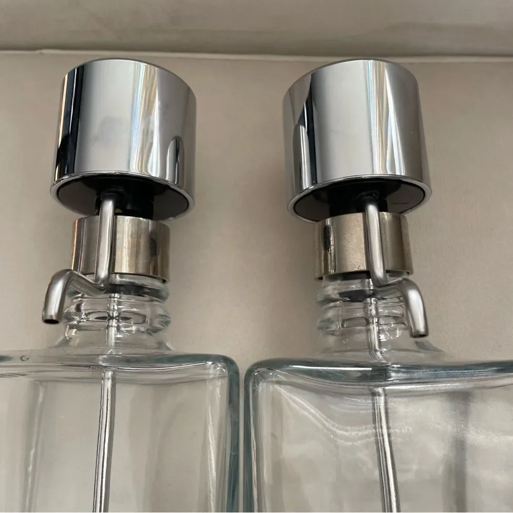 Crate & Barrel Barware Pump Top Liquor Decanters Set Of 2 Vodka & Bourbon